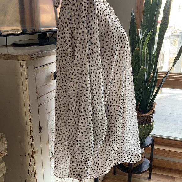 Zara oversized white sheer blouse black polka dots high ruffle neck button down - Picture 10 of 15